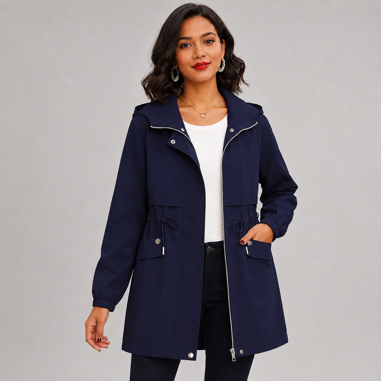 Women's hooded trench coat with drawstring waist - view 2