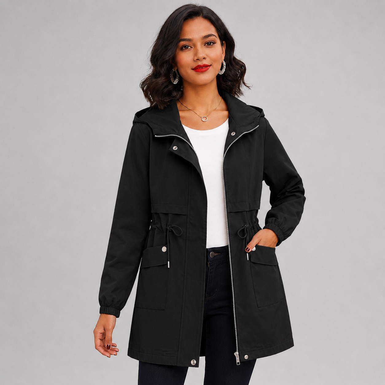 Women's hooded trench coat with drawstring waist - view 3