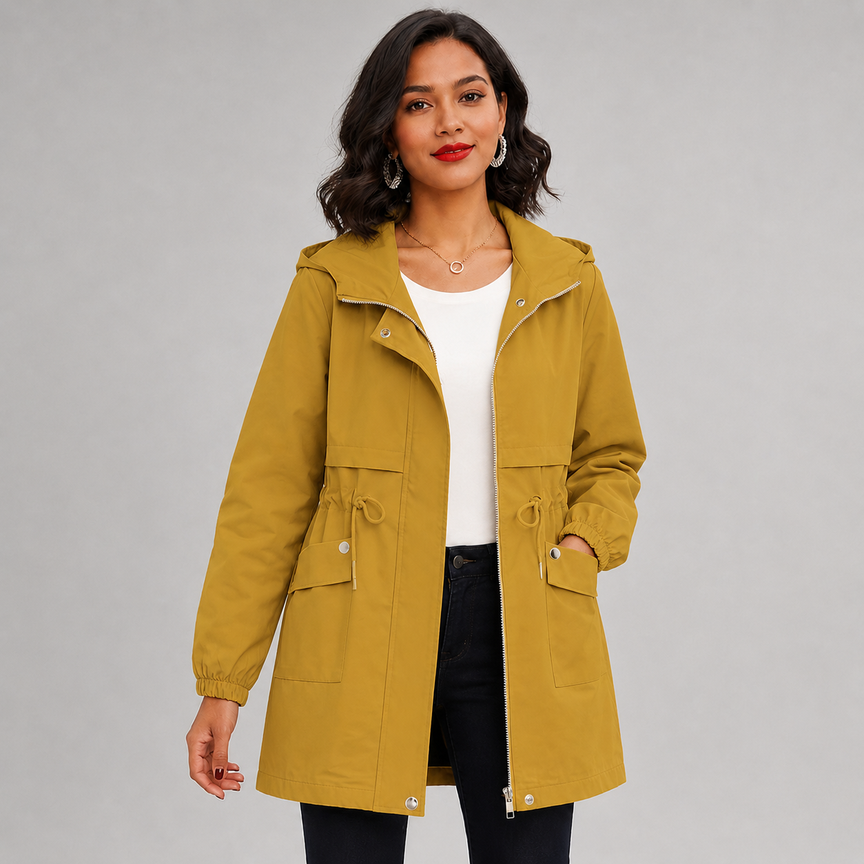 Women's hooded trench coat with drawstring waist - view 6
