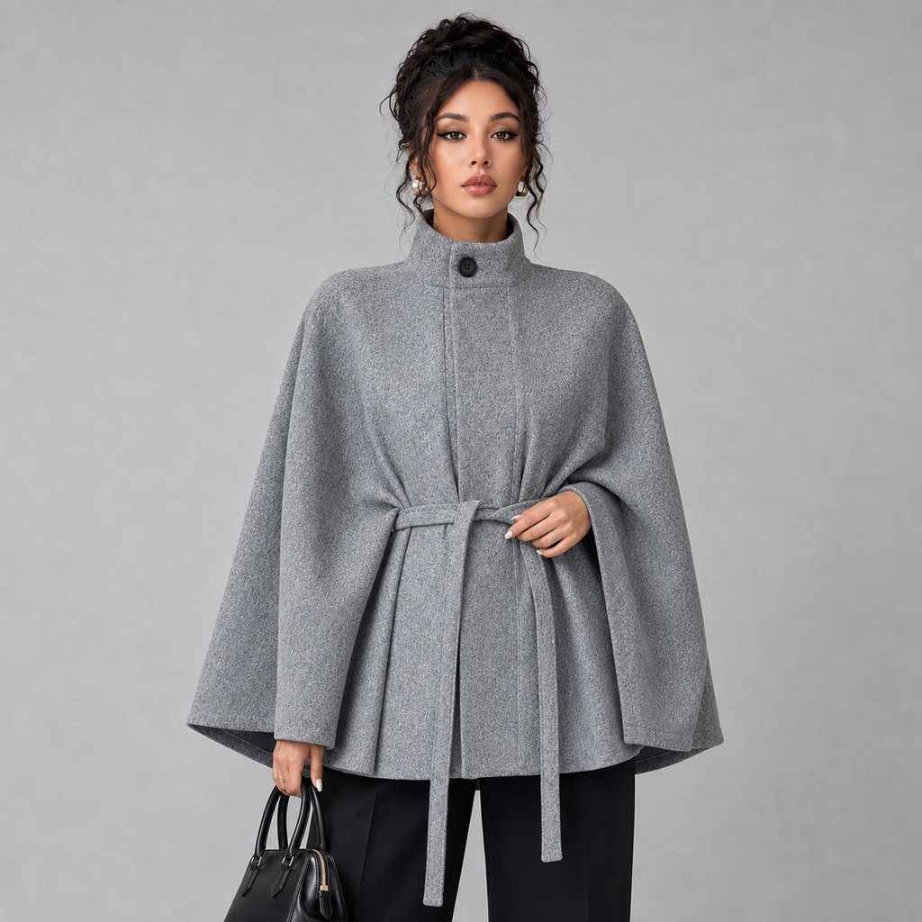 Women's belted cape coat with stand collar