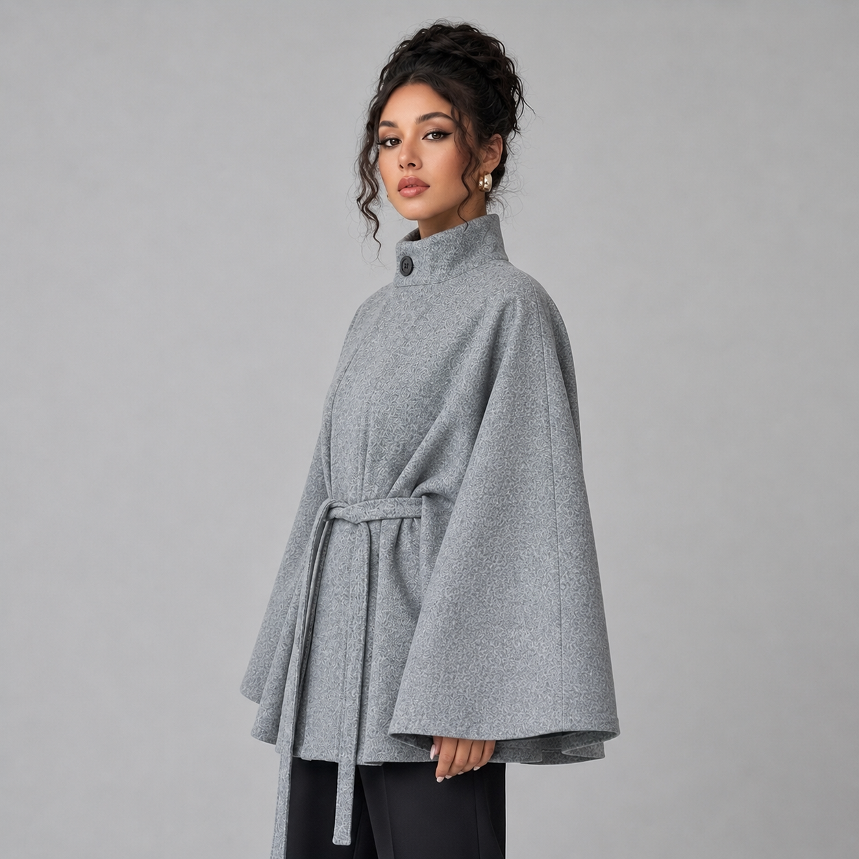 Women's belted cape coat with stand collar - view 3