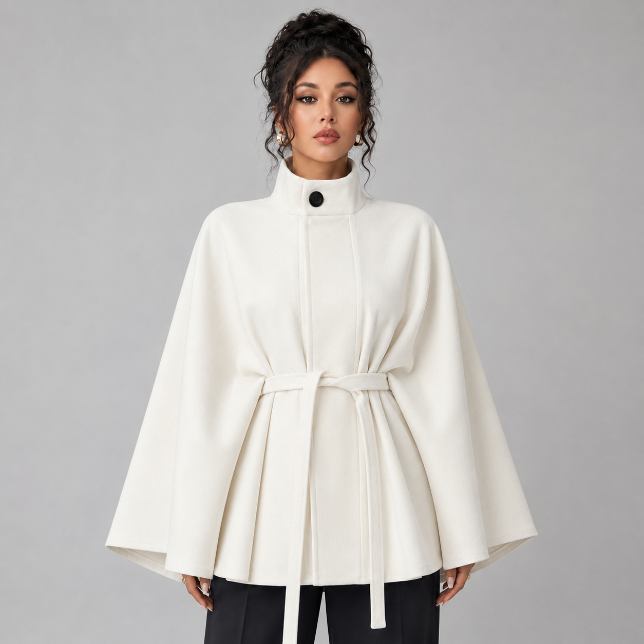 Women's belted cape coat with stand collar - view 5