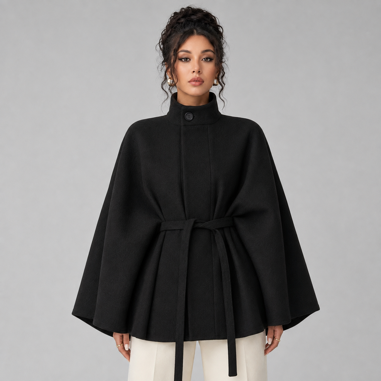Women's belted cape coat with stand collar - view 4