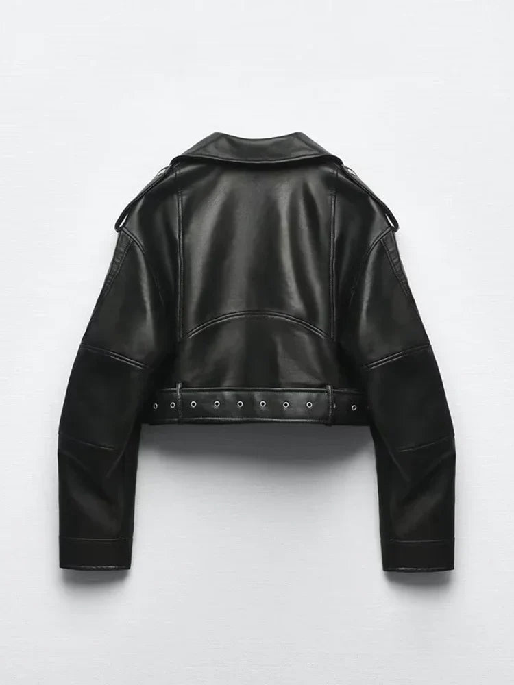 Women's leather-look belted biker jacket - view 4