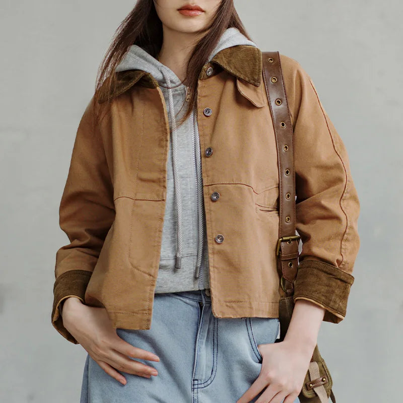 Women's barn jacket with corduroy collar and utility pockets - view 3