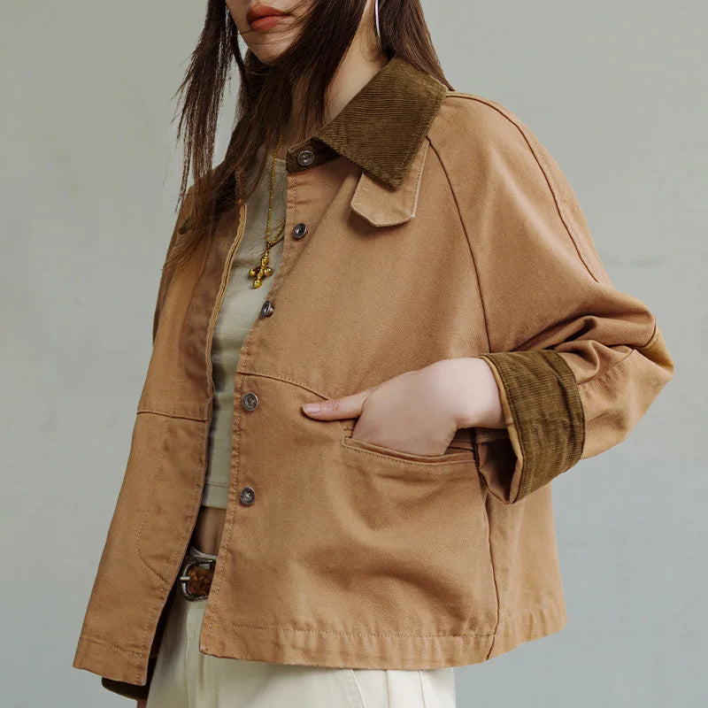 Women's barn jacket with corduroy collar and utility pockets - view 4