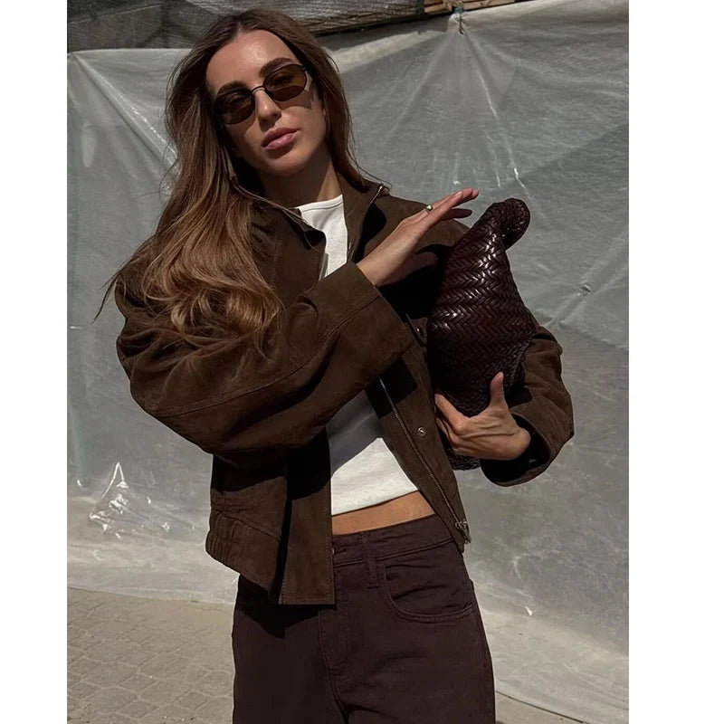 Women's suede-look cropped snap-front jacket - view 6