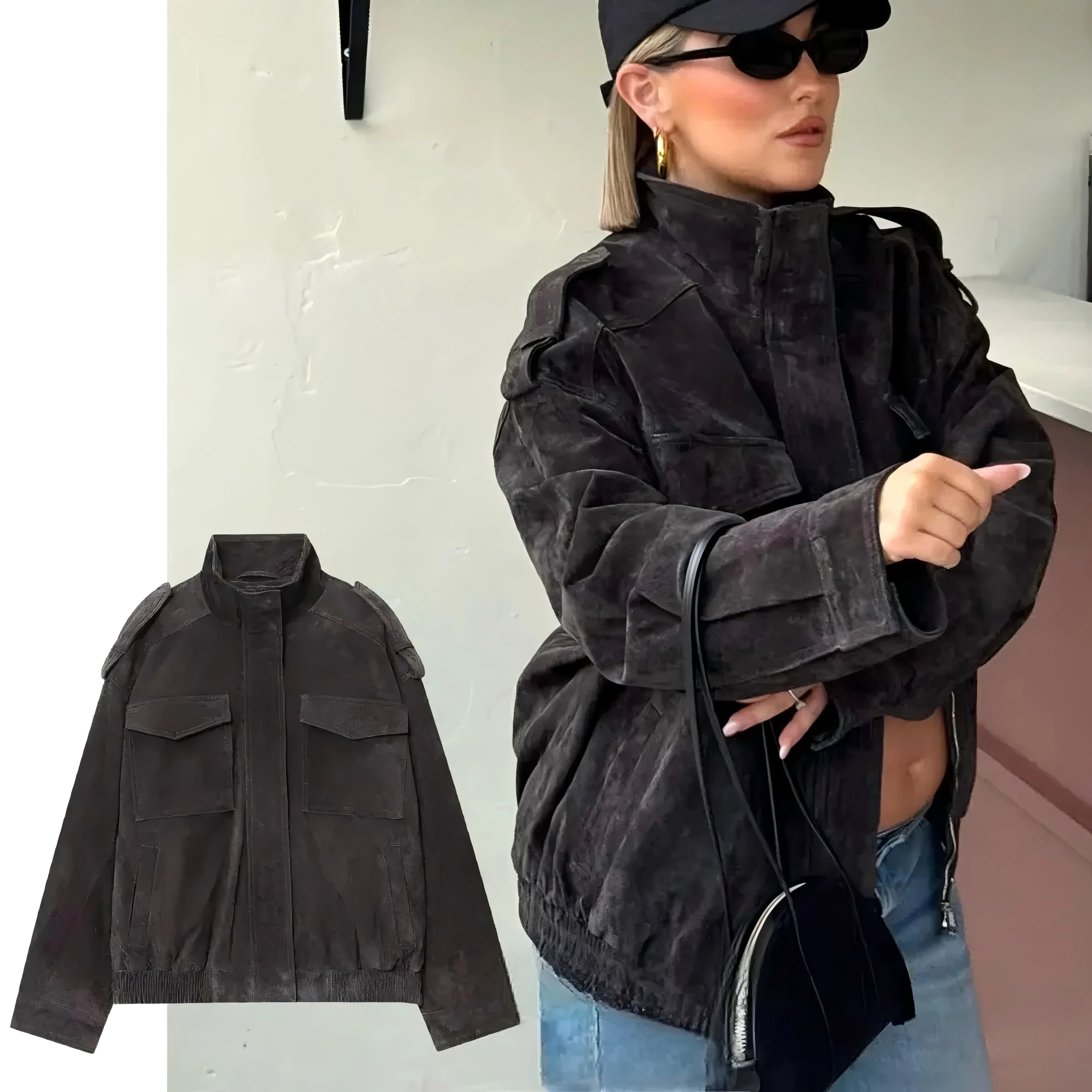 Women's suede-look bomber jacket with pockets - view 6
