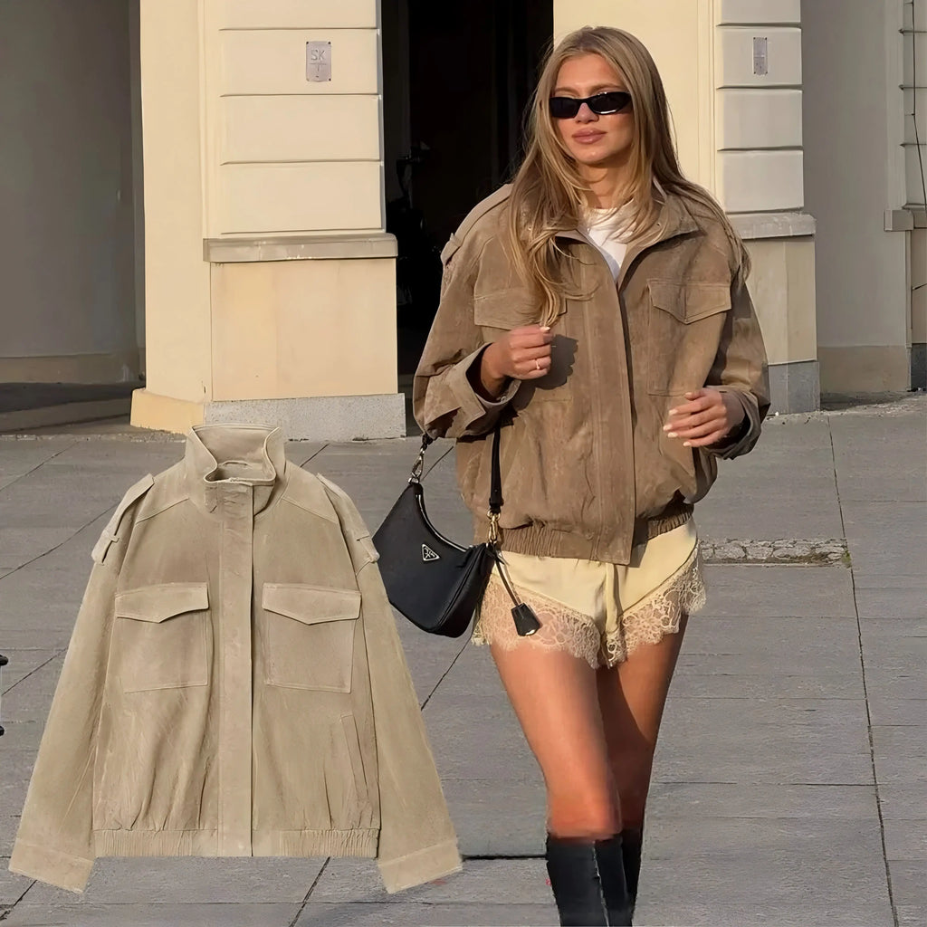 Women's suede-look bomber jacket with pockets - view 5
