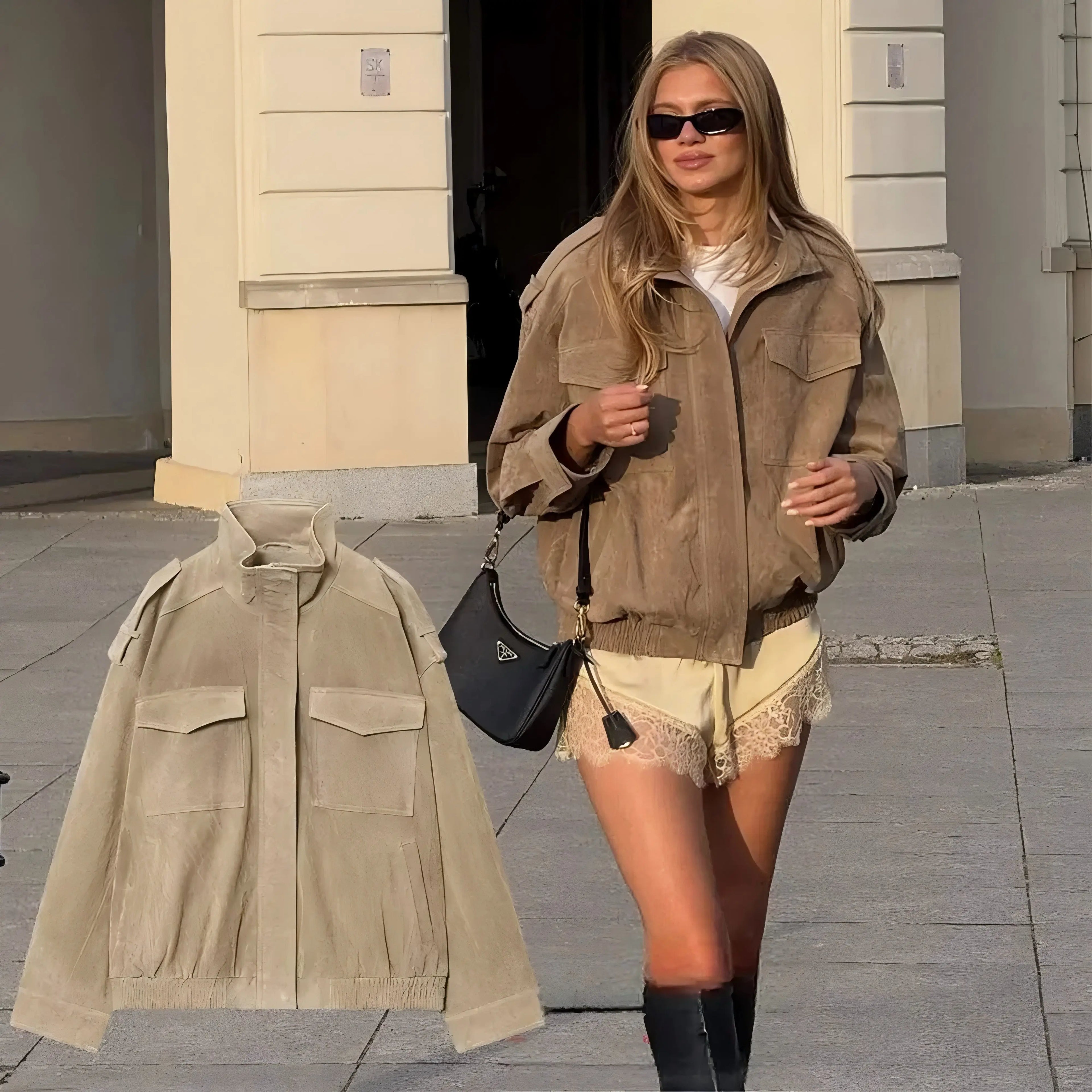 Women's suede-look bomber jacket with pockets - view 5