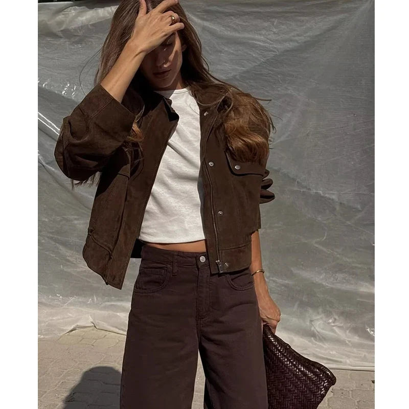 Women's suede-look cropped snap-front jacket - view 7