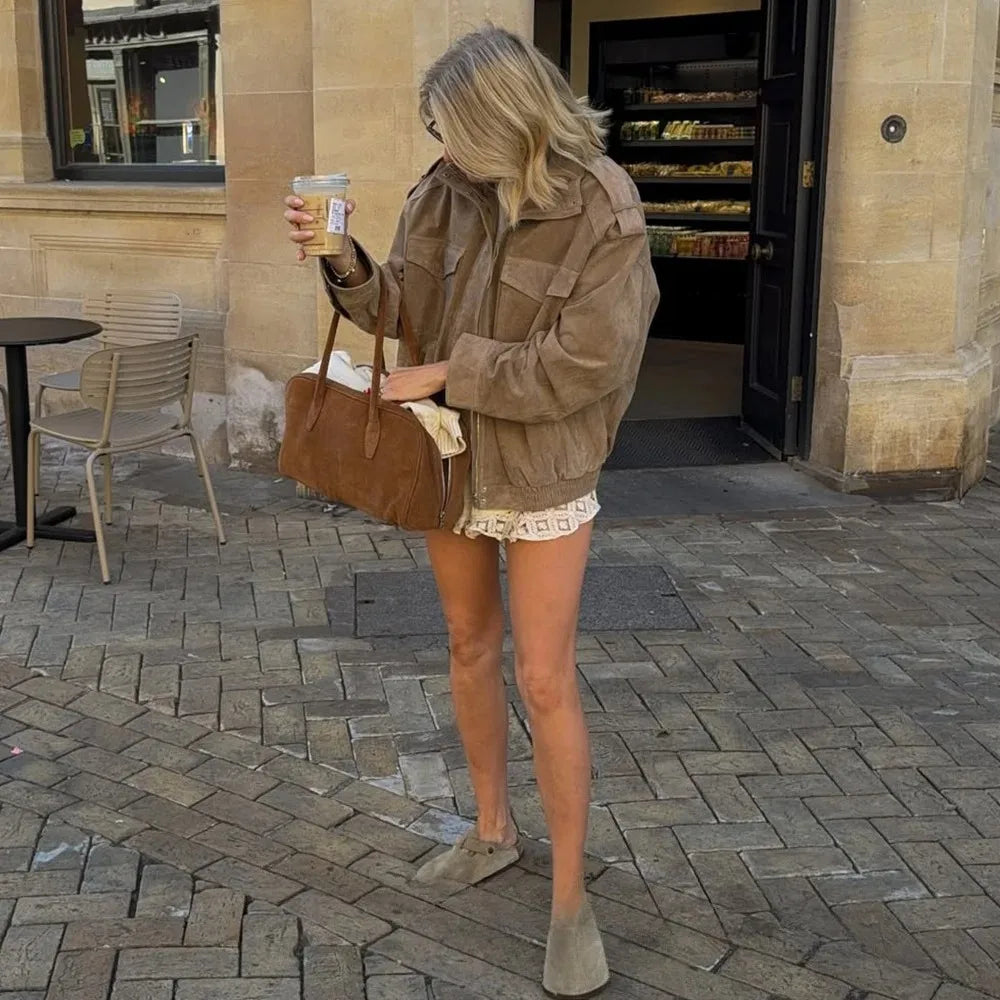 Women's suede-look bomber jacket with pockets - view 10