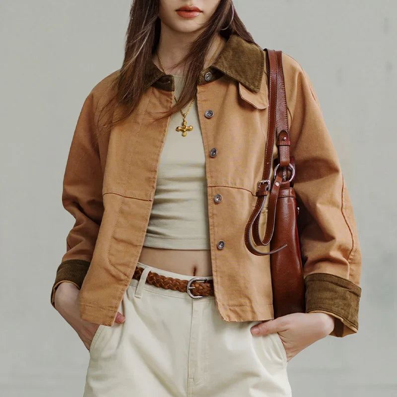 Women's barn jacket with corduroy collar and utility pockets - view 6