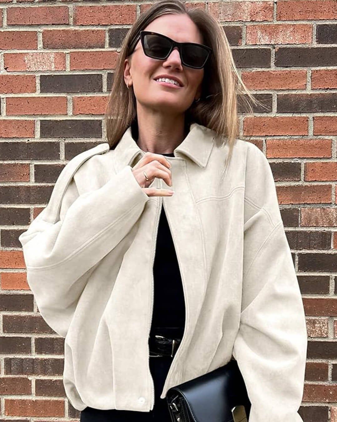 Women's faux suede bomber jacket with fold-over collar - view 19