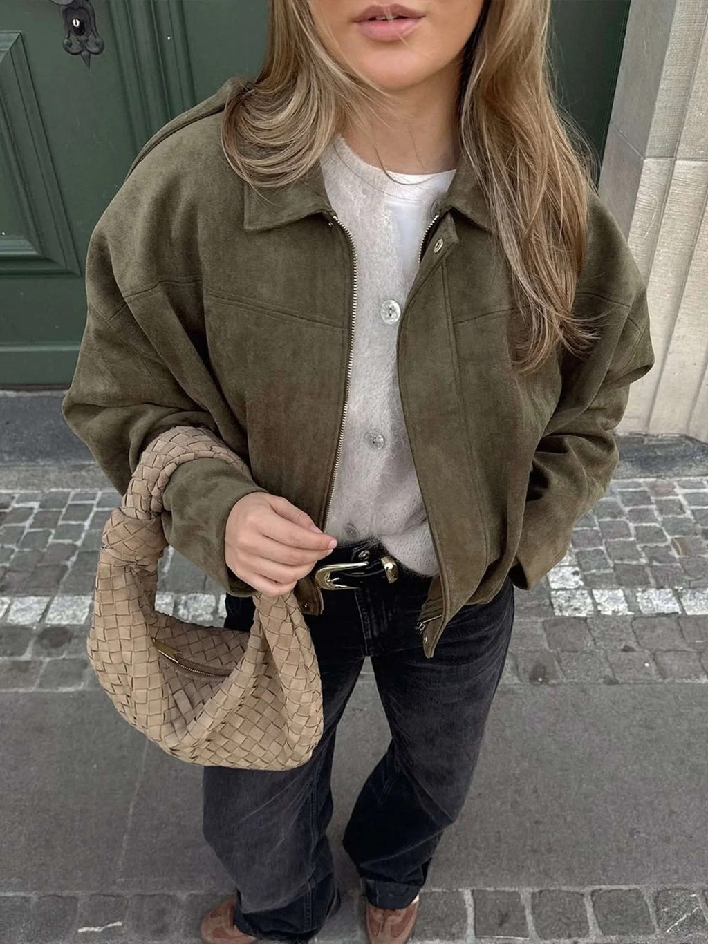 Women's faux suede bomber jacket with fold-over collar - view 11