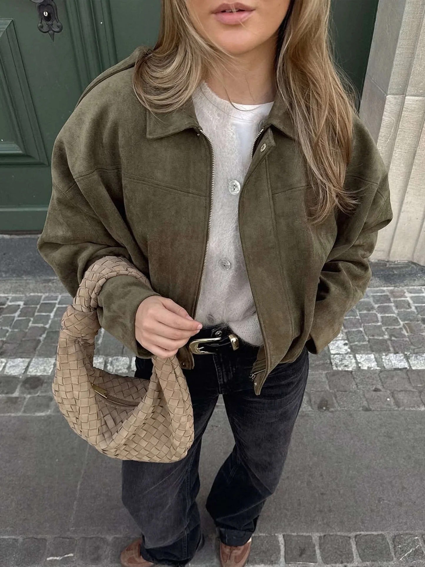 Women's faux suede bomber jacket with fold-over collar - view 11