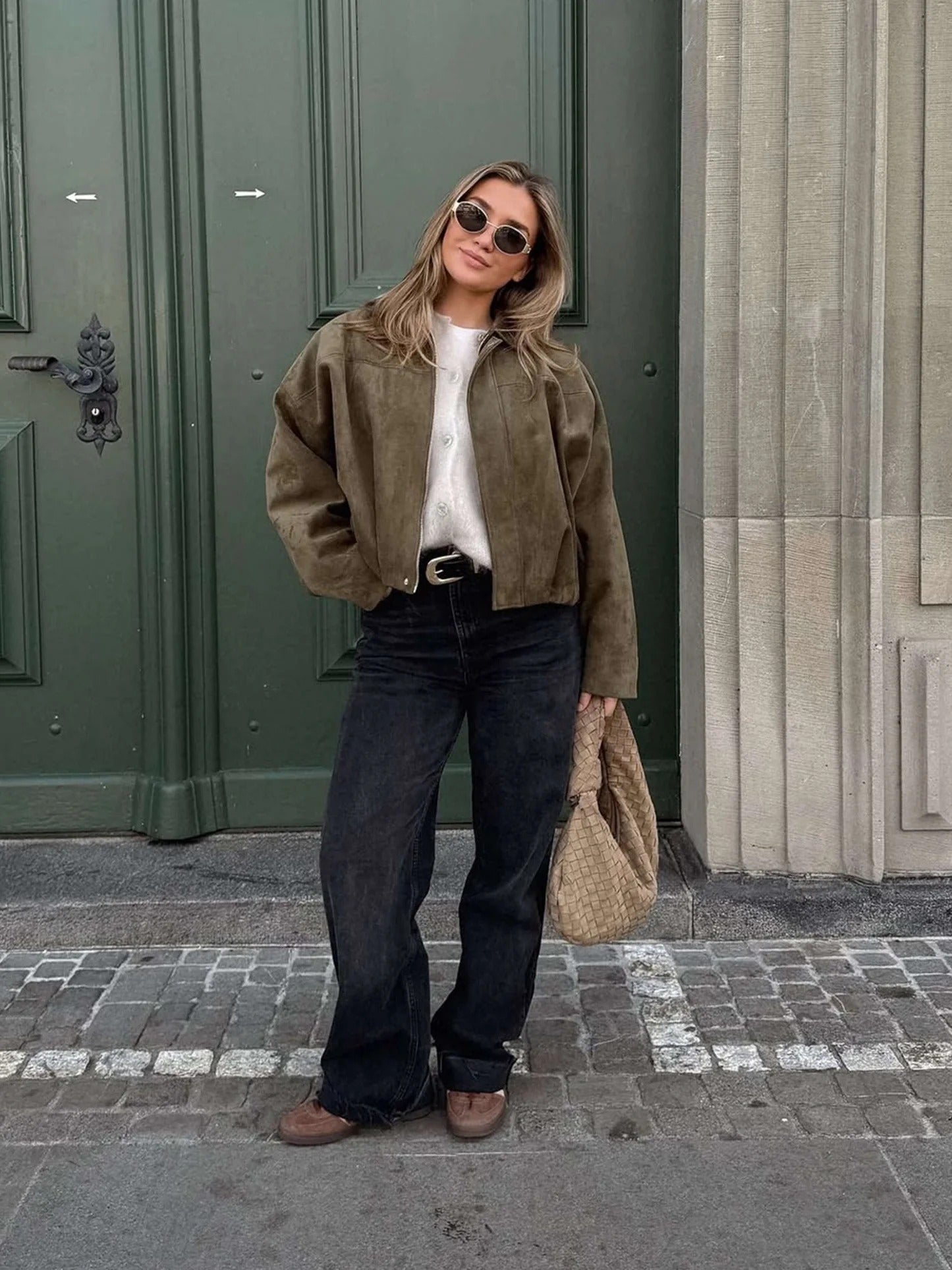 Women's faux suede bomber jacket with fold-over collar - view 12