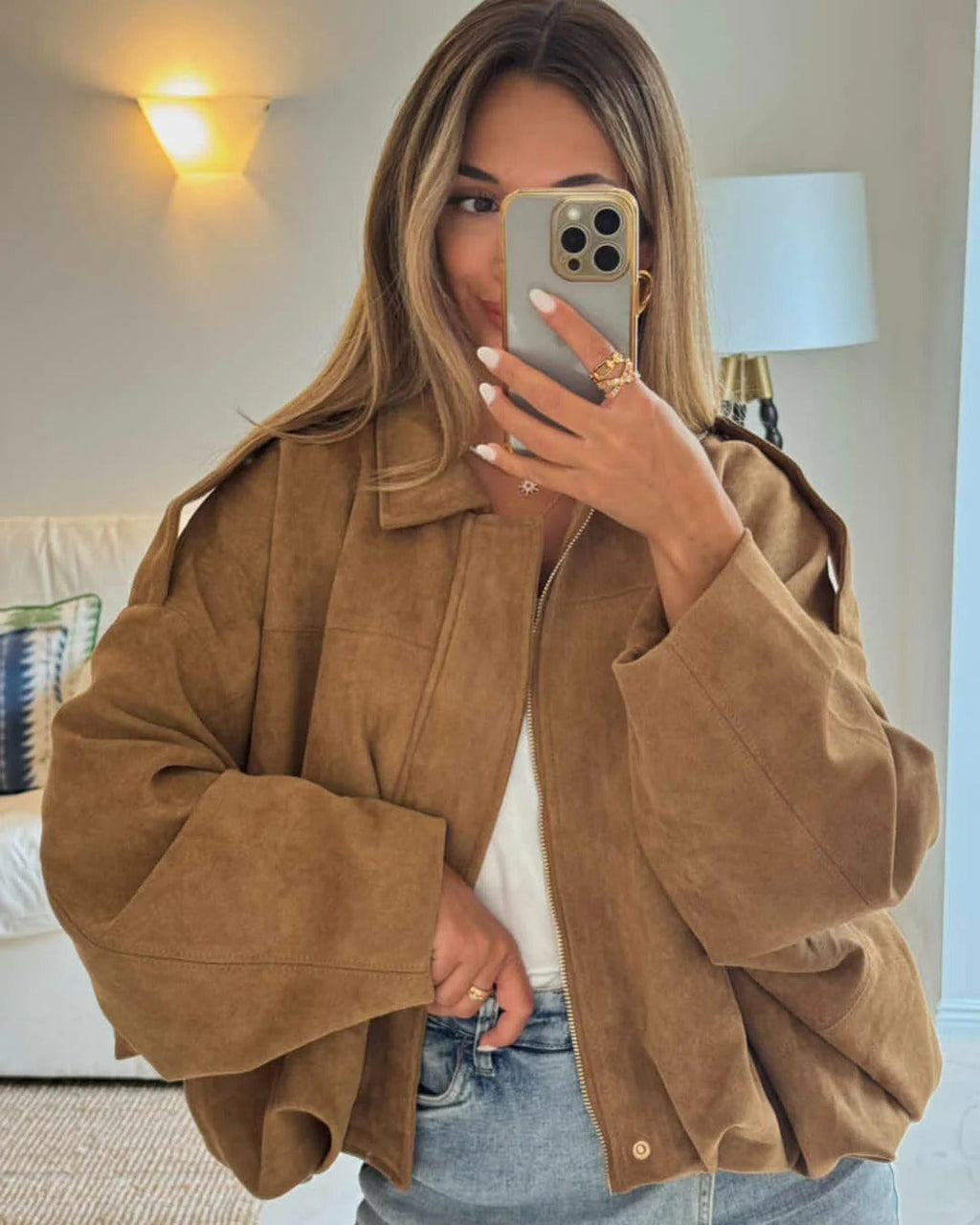 Women's faux suede bomber jacket with fold-over collar - view 17
