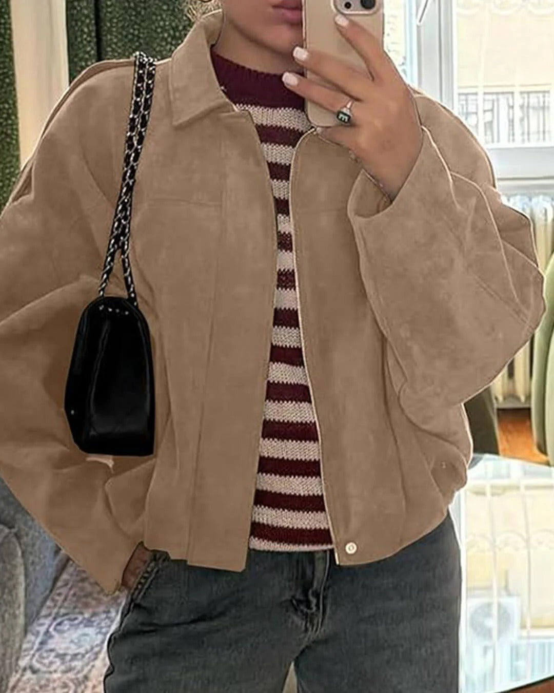 Women's faux suede bomber jacket with fold-over collar - view 14