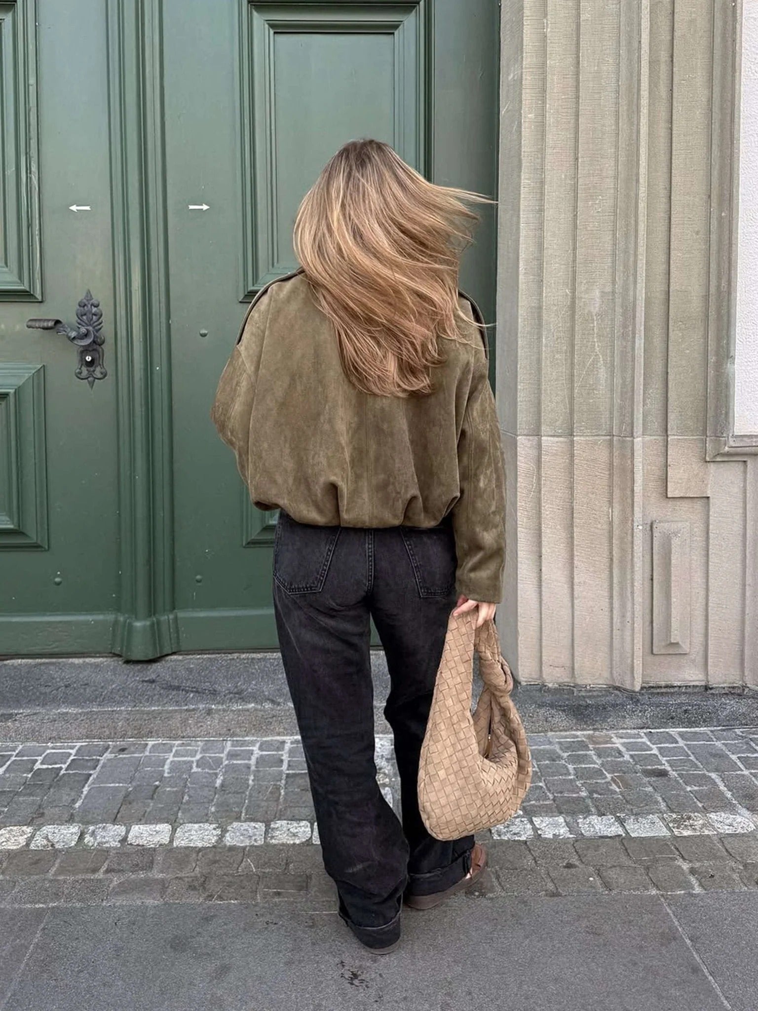 Women's faux suede bomber jacket with fold-over collar - view 13